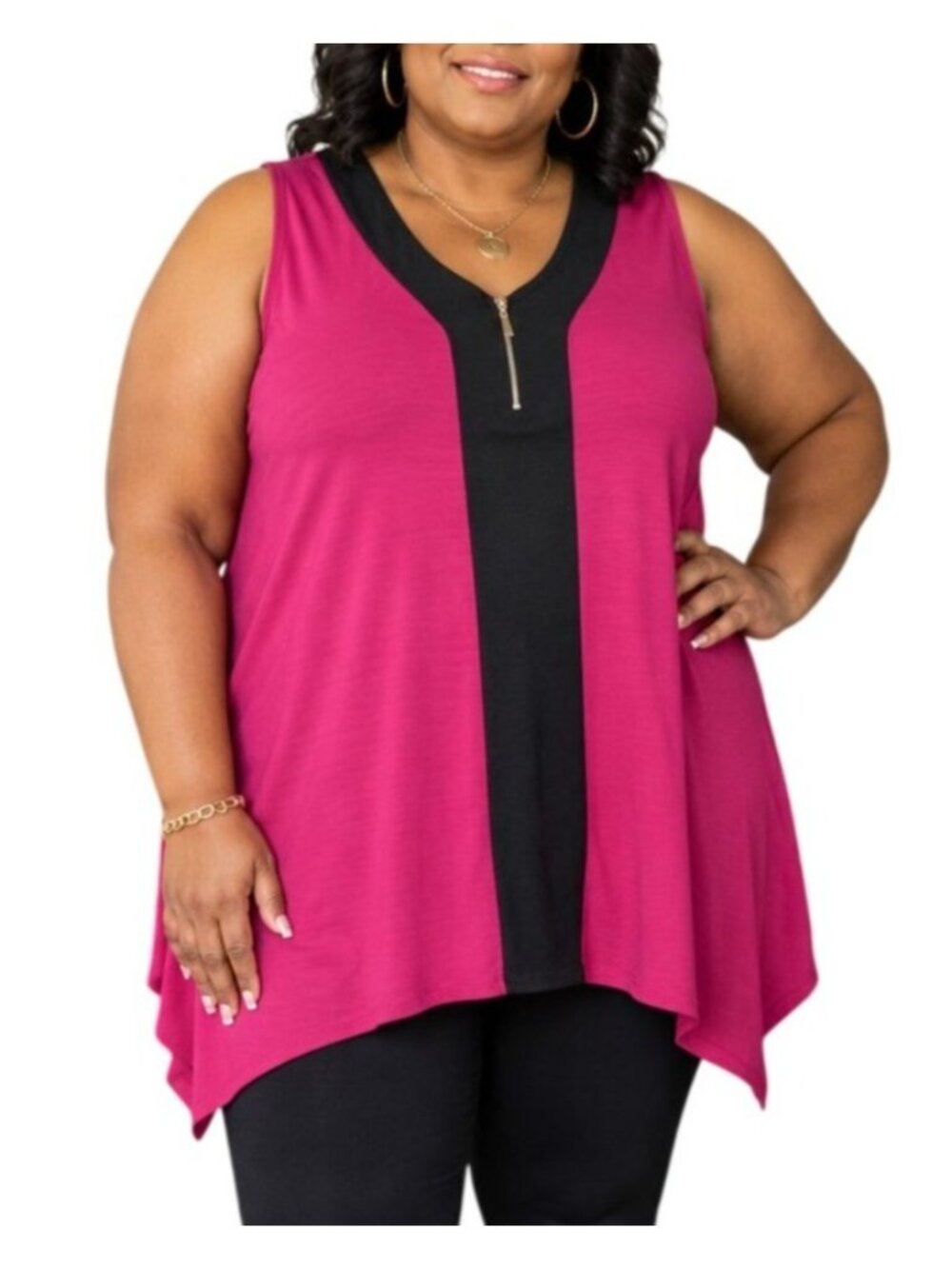 Susan Lawrence Plus-Size 3X Tank Top V-Neck Sleeveless Fuchsia Black Colorblock
